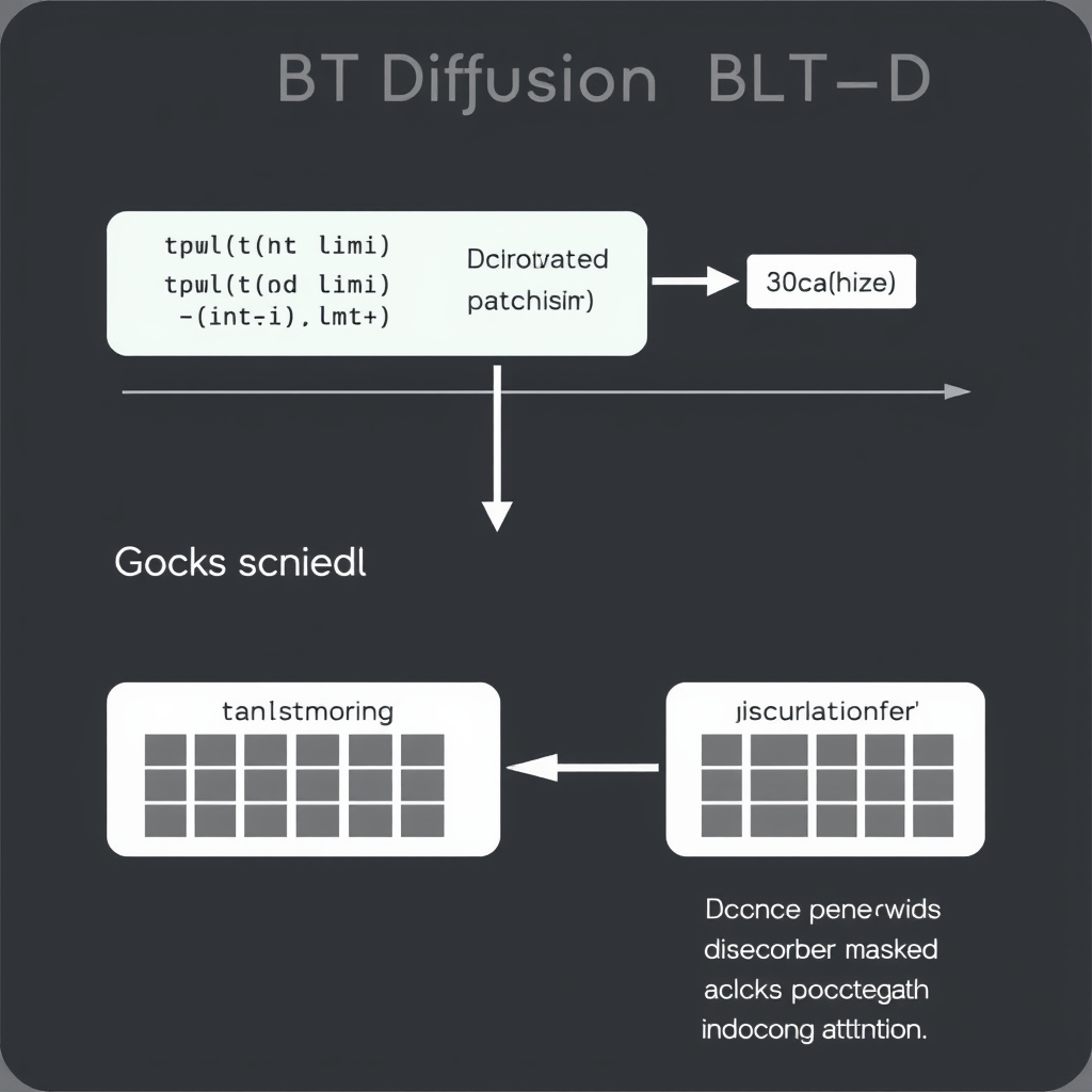 Architecture diagram of BLT Diffusion (BLT-D) model: showing byte sequence, entropy-based patching, local encoder, global Transformer, and block-wise discrete diffusion decoder with masked blocks and cross-attention.