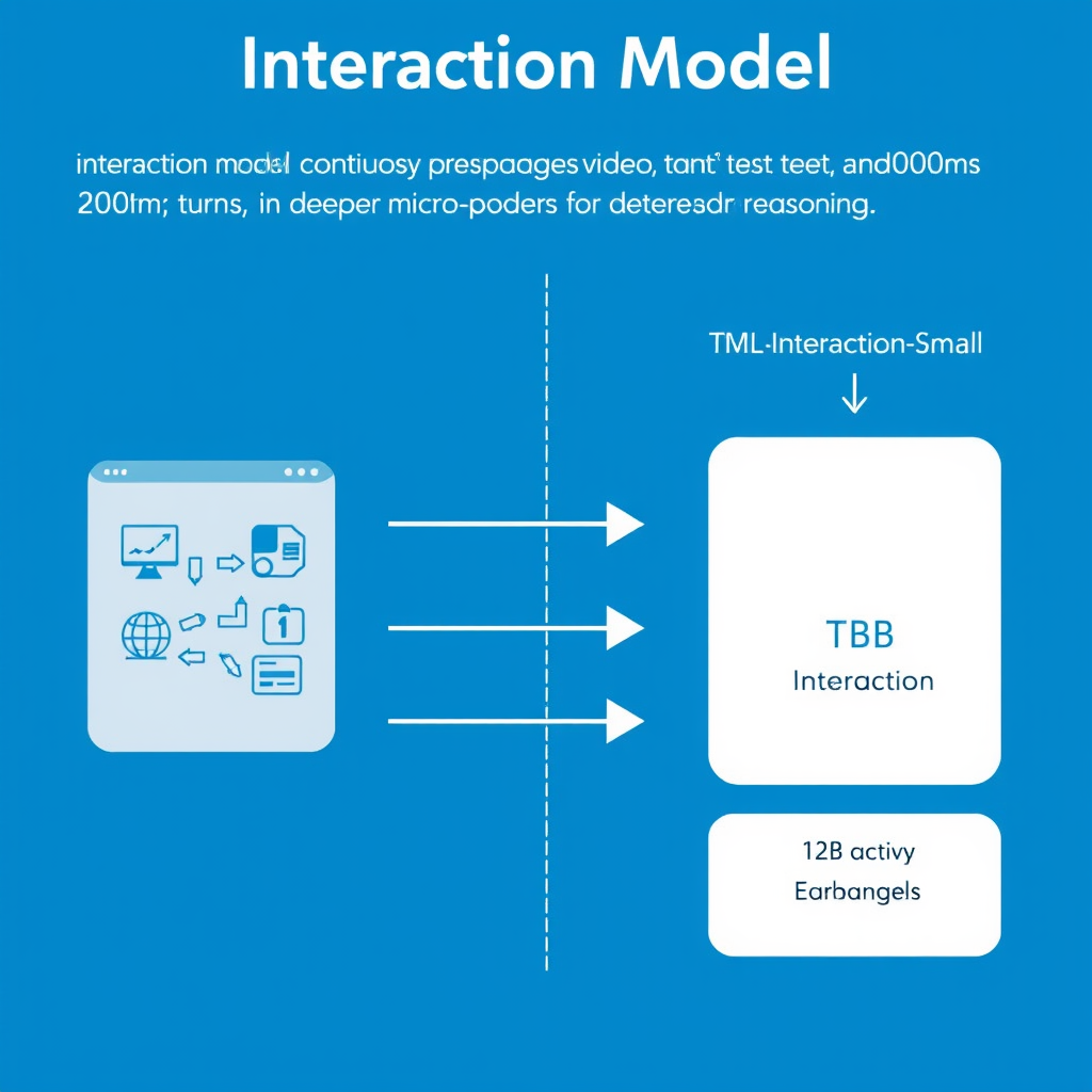 A conceptual diagram showing an interaction model architecture with two parallel streams: an interaction model (left) that continuously processes audio, video, and text in 200ms micro-turns, and a background model (right) for deeper reasoning. Arrows show constant two-way exchange between the two models and the external environment. The interaction model is labeled 'TML-Interaction-Small' with a note '12B active parameters out of 276B total (MoE)'. Visual style: clean, modern infographic with blue and white tones.
