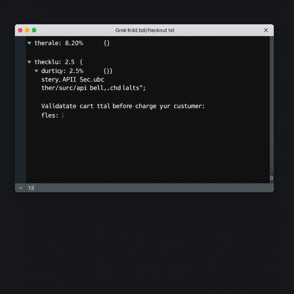 A terminal window showing the Grok Build CLI interface with a progress bar at 8.20%, a user prompt 'Validate the cart total before charging the customer', a system thought duration of 2.5s, and an edited file src/api/checkout.ts. Dark theme, modern font, code snippet visible.