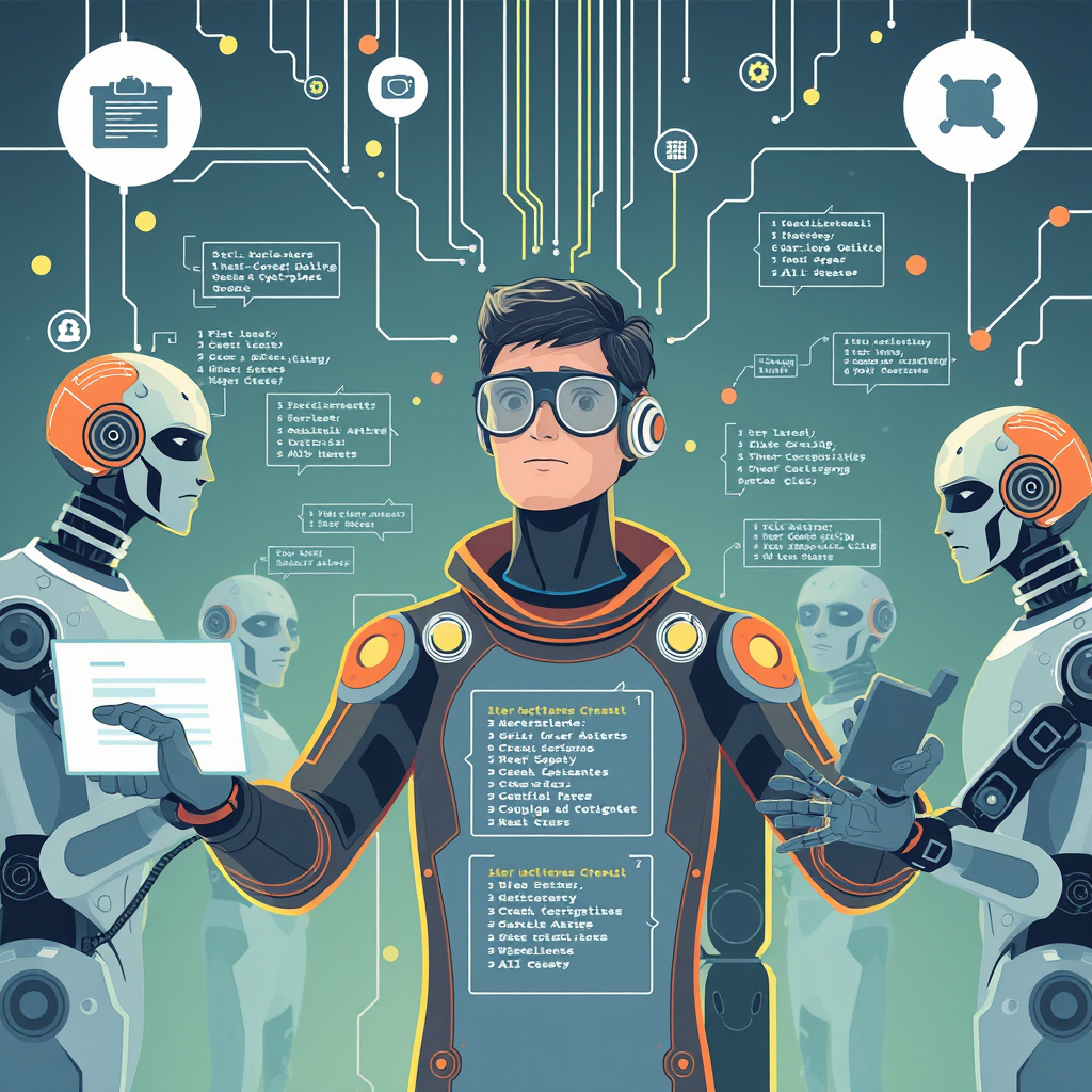 A futuristic illustration showing a human engineer orchestrating multiple AI agents in a collaborative workflow, with code snippets floating between them, representing the shift from assistance to true collaboration in software development.