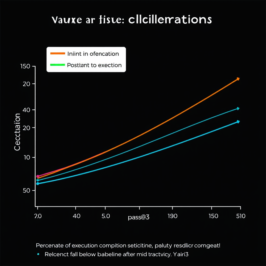 A line chart showing four colored curves representing the value of clarification (pass@3) over percentage of execution for goal, input, constraint, and context. The goal curve drops sharply after 10%, while input retains value until 50%. All curves fall below baseline after mid-trajectory. X-axis: Percentage of execution completed. Y-axis: Pass@3 score.