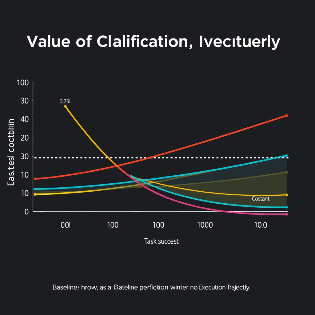 A line chart with four colored curves representing different clarification types (goal, input, constraint, context) plotted against percentage of task execution on the x-axis (0% to 100%) and task success rate (pass@3) on the y-axis (0.0 to 1.0). The goal curve drops steeply from 0.78 to near baseline after 10% execution. The input curve declines gradually, retaining value until about 50% execution. The constraint and context curves fall in between. A horizontal dashed line marks the baseline performance when no clarification is asked. The chart title: "Value of Clarification Over Execution Trajectory."