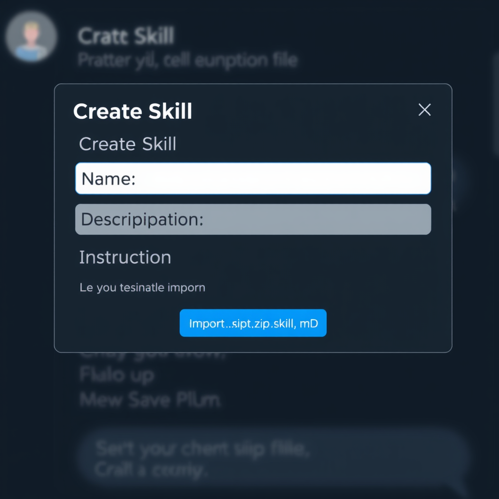 A blurred screenshot of a chatbot interface showing a dialog box titled 'Create Skill' with fields for Name, Description, and Instruction, along with an import button accepting .zip, .skill, .md files, in a dark theme reminiscent of xAI's Grok.