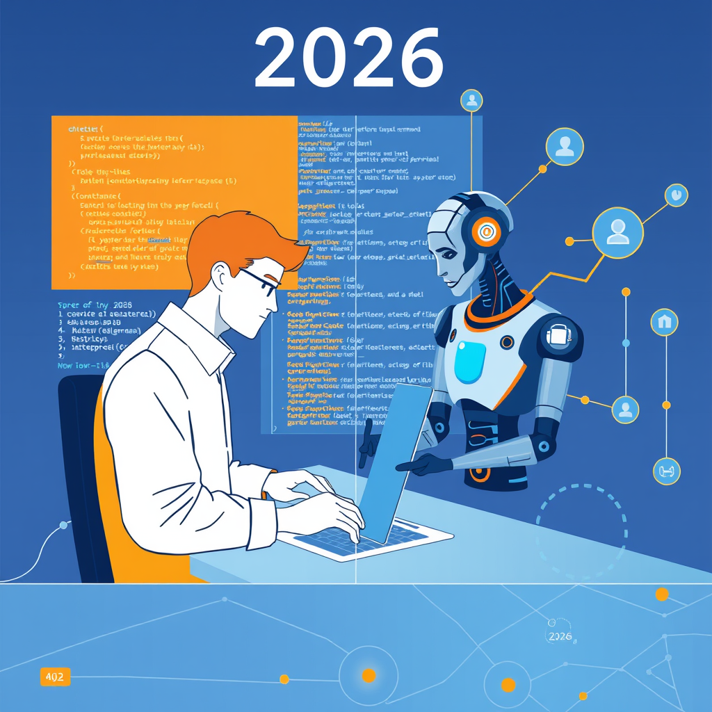 A conceptual illustration of a human software engineer and an AI agent working side by side on a futuristic digital workspace, with code fragments, network nodes, and a timeline showing shortened development cycles from weeks to hours. The style is clean, professional, with blue and orange accents, representing collaboration and acceleration in 2026.