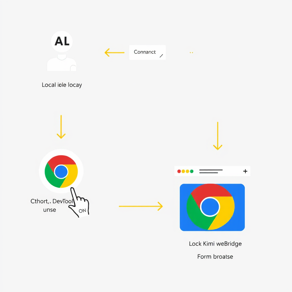 A clean diagram showing an AI agent (Claude Code, Cursor, etc.) sending commands to a local service, which communicates via Chrome DevTools Protocol to the user's Chrome/Edge browser with the Kimi WebBridge extension enabled. The browser is shown performing actions like clicking and form filling. Arrows indicate bidirectional data flow, with a lock icon suggesting local-only processing.