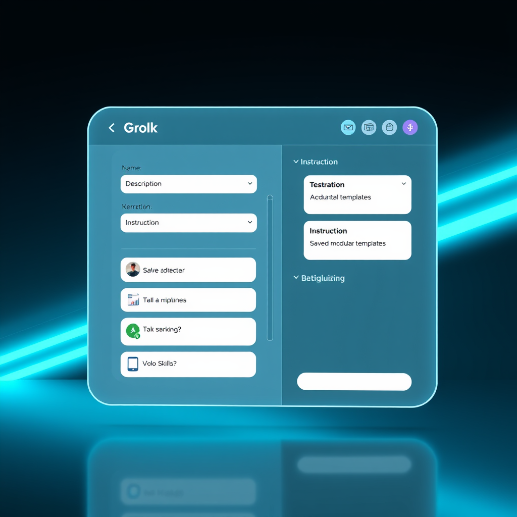 A clean, futuristic UI mockup showing a Grok chatbot interface with a 'Skills' panel open. The panel displays fields for 'Name', 'Description', and 'Instruction', alongside a library of saved modular templates. The background features subtle neon accents and a dark theme.