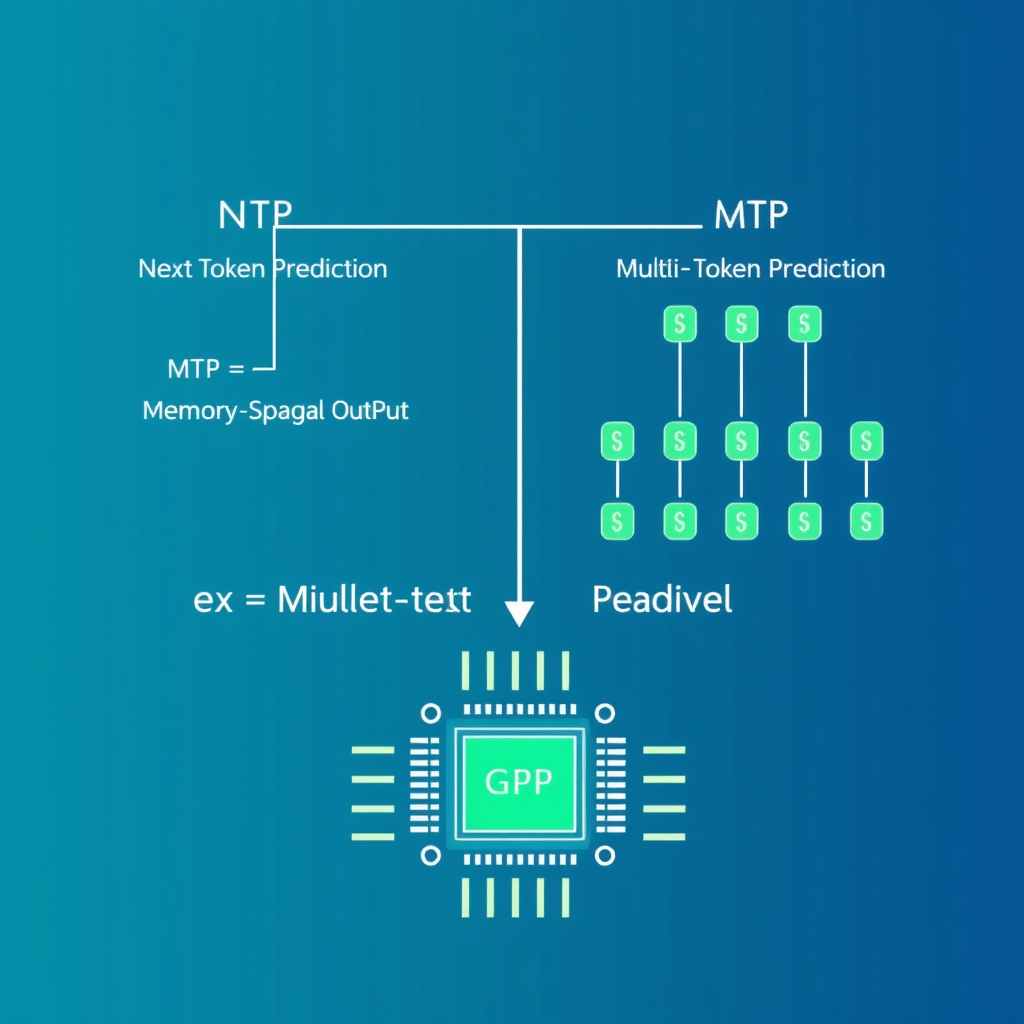 A diagram showing two branches: left side labeled 'NTP (Next Token Prediction)' with a single token output, right side labeled 'MTP (Multi-Token Prediction)' with multiple tokens output simultaneously. Below, a GPU chip with memory bars indicating increased memory usage for MTP. Minimalist style, blue and green tones, tech illustration.