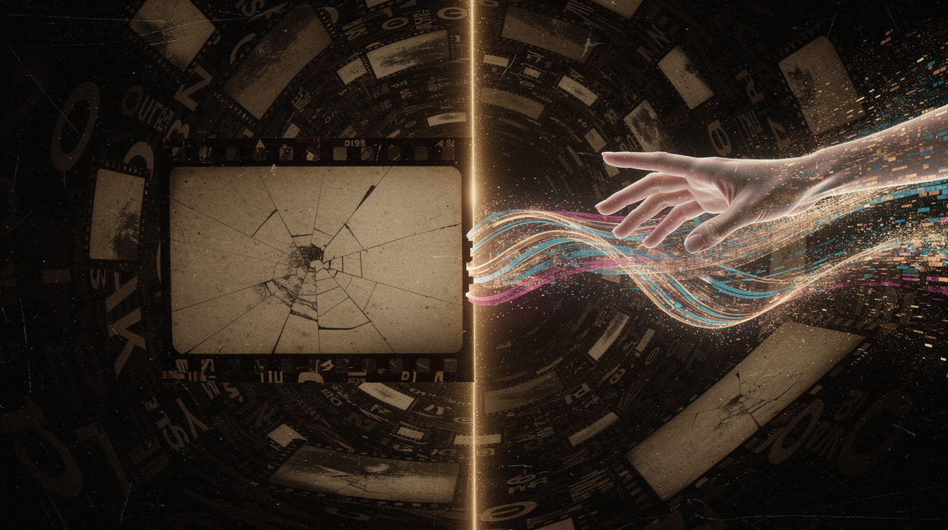 An abstract, high‑contrast scene: a cracked, sepia‑toned 19th‑century film frame erupting from a dark, fragmented tunnel of text symbols and broken frames, while on the opposite side a luminous, fluid stream of light and color flows like a river of pixels, intertwining with a delicate, translucent hand that edits the film with a single, graceful gesture. The line of separation is a razor‑thin line of golden light, casting a halo that illuminates the contrast between old and new. The mood is cinematic, mysterious, with a sense of transformation and rebirth. Soft, cinematic lighting, deep shadows, glowing highlights, textures of grain and digital noise.