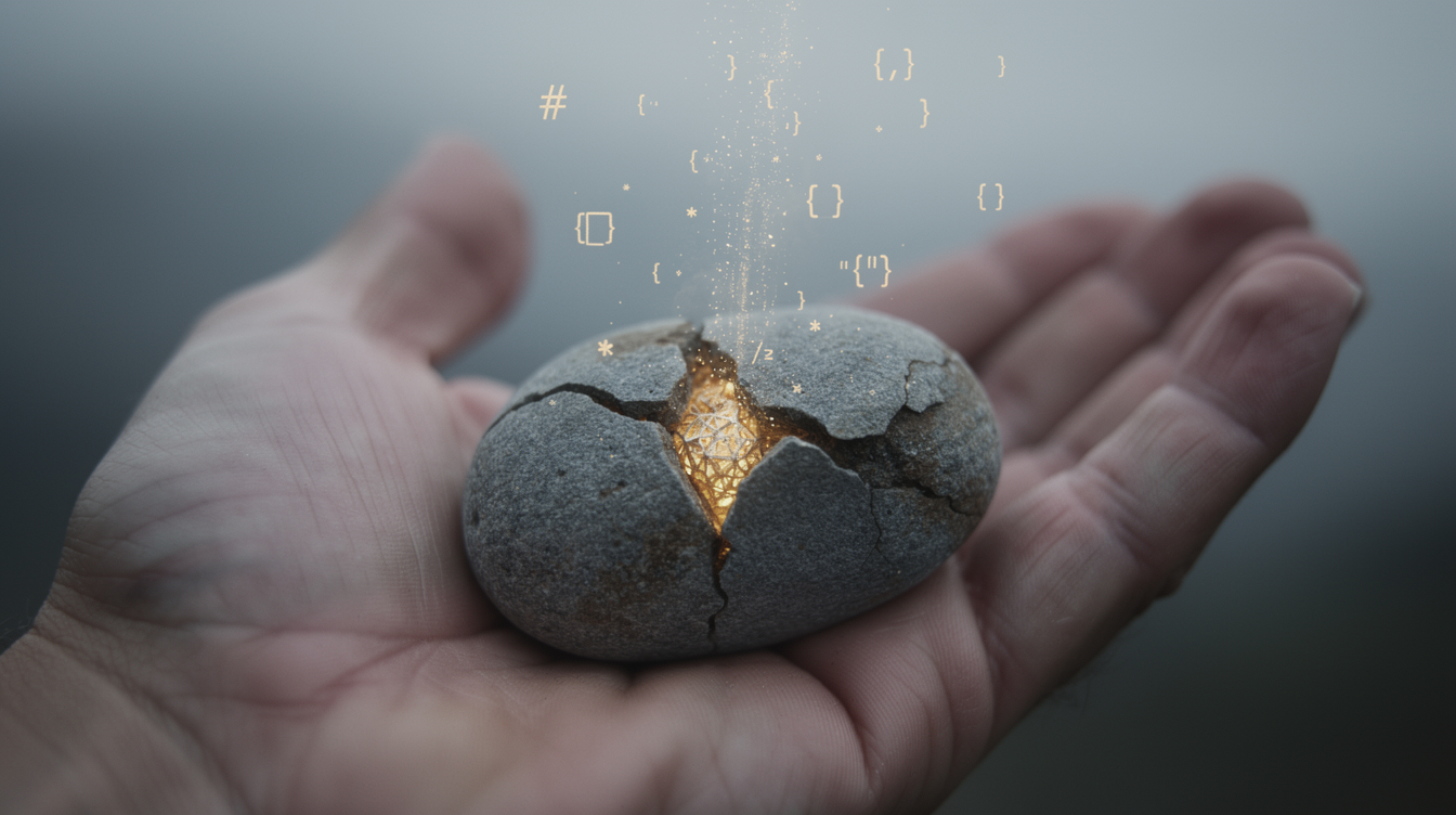 Close-up of a weathered, unremarkable gray stone held in a palm under soft, overcast light, its cracked surface opening slightly to reveal a luminous golden core of intricate, crystalline lattice structures streaming upward like silent data — subtle glimmers of code-like geometry, Markdown characters and tiny JSON braces coalescing from dust motes. Moody, cinematic, shallow depth of field, the transformation is quiet and unflashy, evoking practical magic hidden in plain sight.