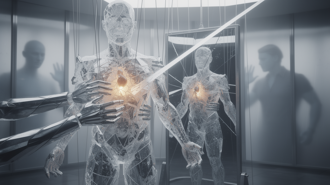 A translucent human silhouette suspended in a cold steel-blue void, its form fractured into shards of light and shadow. Delicate hands made of cold glass or metal reach toward it, their grip simultaneously protective and suffocating, fingers resembling both caring embrace and rigid cage. Inside the figure's chest, a warm amber glow flickers and dims, representing trust draining away. Behind the figure, a cracked mirror reflects a distorted, faceless version of itself, symbolizing identity loss and gaslighting. Thin mechanical strings dangle from above, connecting to a faceless puppet silhouette that mimics the figure's posture, representing the impersonation and manipulation. Cold, sterile light cuts through the scene like a blade, while the background suggests an oppressive, clinical space with faint, ghostly faces pressed against unseen barriers. The mood is melancholic, heavy, and oppressive, with textures of frosted glass, cold metal, and fragile human warmth in muted blues, greys, and sharp white accents with an amber heartbeat of vulnerability.