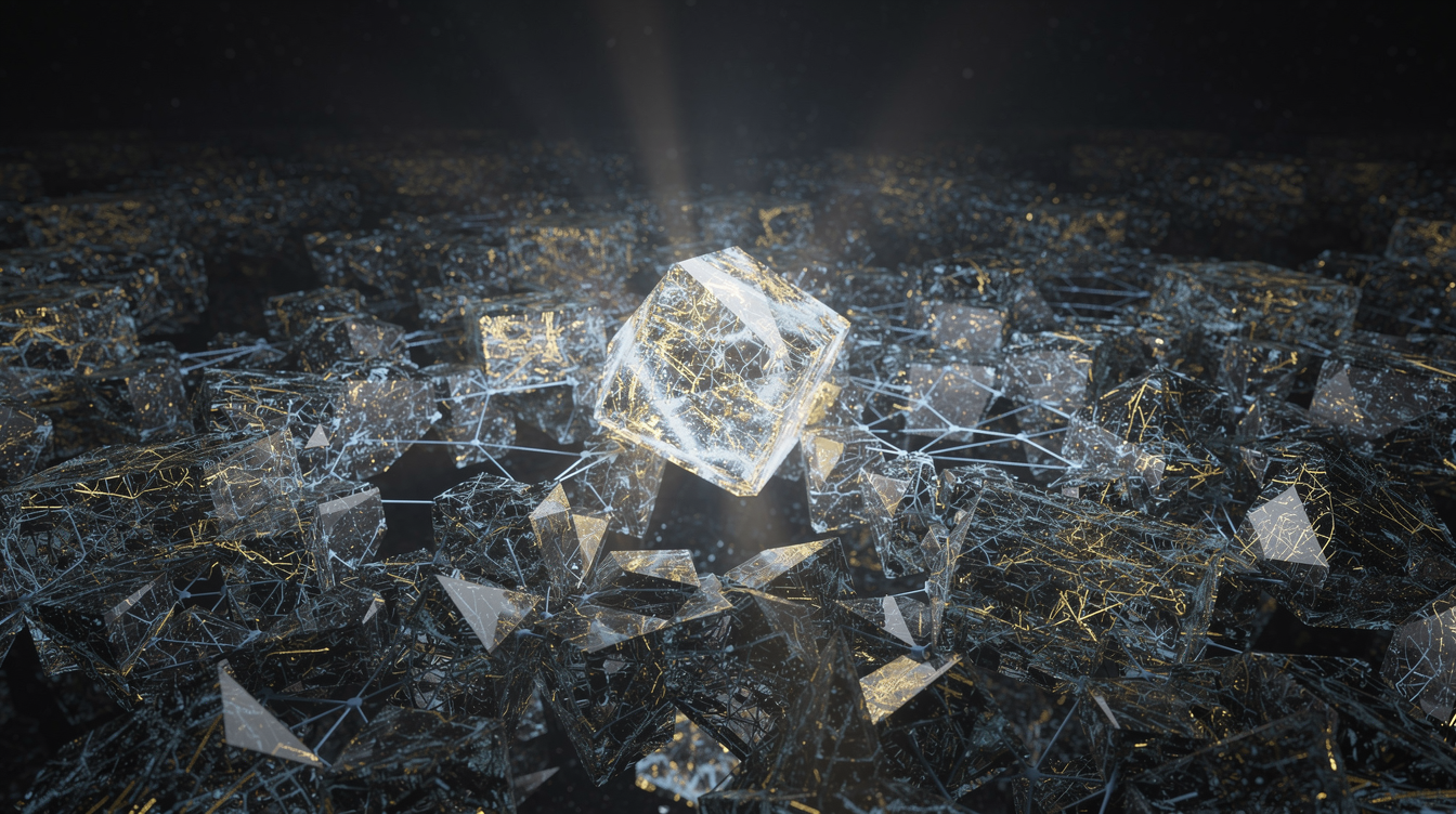A vast, dark neural landscape of interlocking geometric shards, each glowing with a faint, intricate network of blue and gold threads. In the center, a single, brilliant crystalline node pulses with focused light, while countless other shards around it remain dim and dormant. The scene evokes a sense of immense scale and selective activation, with deep shadows and luminous highlights suggesting efficient, sparse computation.