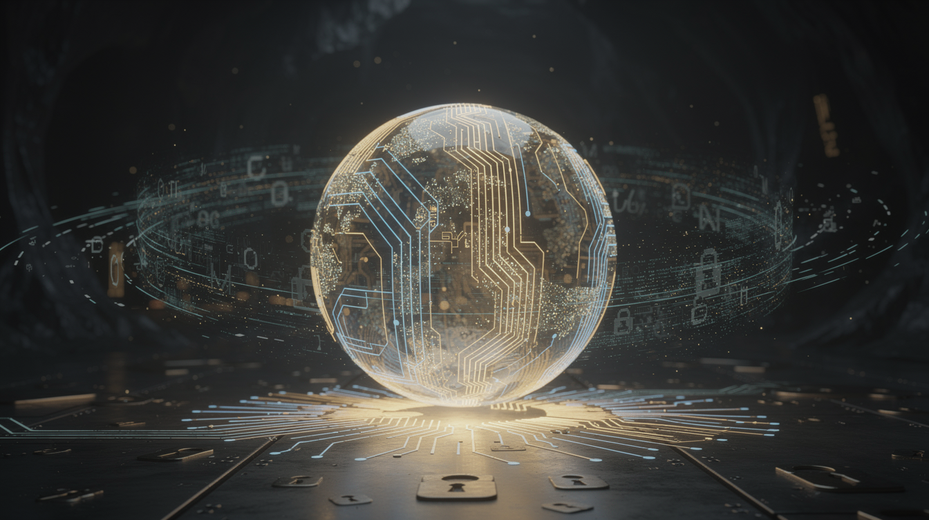A luminous, translucent sphere hovers inside a dark, cavernous space—its surface etched with fine, glowing circuitry lines. Outside the sphere, faint, ghostly data streams swirl and press inward but are repelled, never breaching the boundary. The sphere casts a soft, warm light onto a metallic floor strewn with miniature lock icons and keyhole shapes, while the surrounding darkness suggests infinite, secure emptiness.