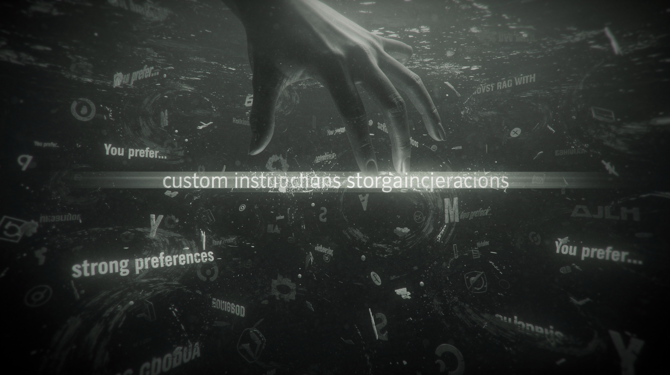 A murky, swirling soup of half-remembered text fragments and faded symbols floats in a dark, infinite void. Glowing, ghostly letters like "You prefer..." and "strong preferences" rise like bubbles from the depths, only to dissolve into indistinct smudges. A faint, shadowy hand reaches down, erasing a crisp, bright line of custom instructions, replacing it with a blurry, distorted echo. The overall mood is unsettling, claustrophobic, and hazy, lit by a sickly, pale light.