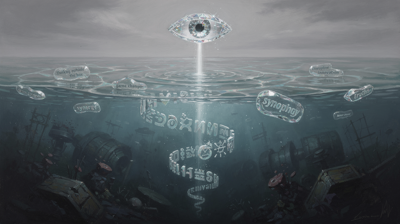 A vast, shallow ocean under a flat, gray sky. Near the surface, cliché phrases float like plastic debris—"thinking outside the box," "game changer"—while deeper, heavy, nuanced truths sink into darkness. A single beam of light, refracted through a crystalline lens shaped like a human eye, pierces the water, bending the debris into a spiral of meaning. Ethereal, melancholic, with textures of oil and glass.
