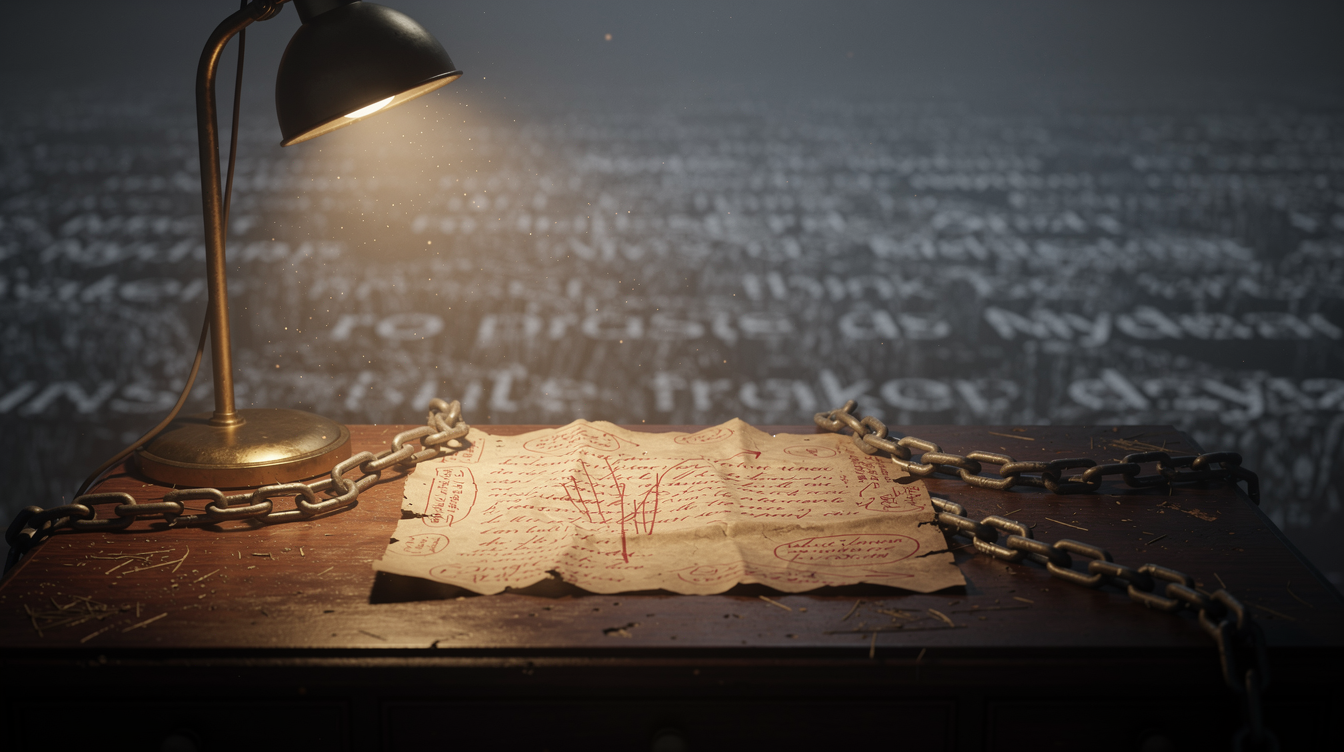A dimly lit study room, a single warm desk lamp casts a sharp cone of light onto a crumpled, handwritten manuscript covered in red ink edits. The page is textured, with crossed-out words and marginal notes. Behind it, a vast, foggy sea of identical, blurry paragraphs drifts into shadow—generic, formless. A heavy, glowing chain anchors the manuscript to the desk, grounding it. The atmosphere is quiet, focused, with a contrast between warm, precise light and cold, diffuse haze. No text labels, no diagrams—only mood, texture, and form.