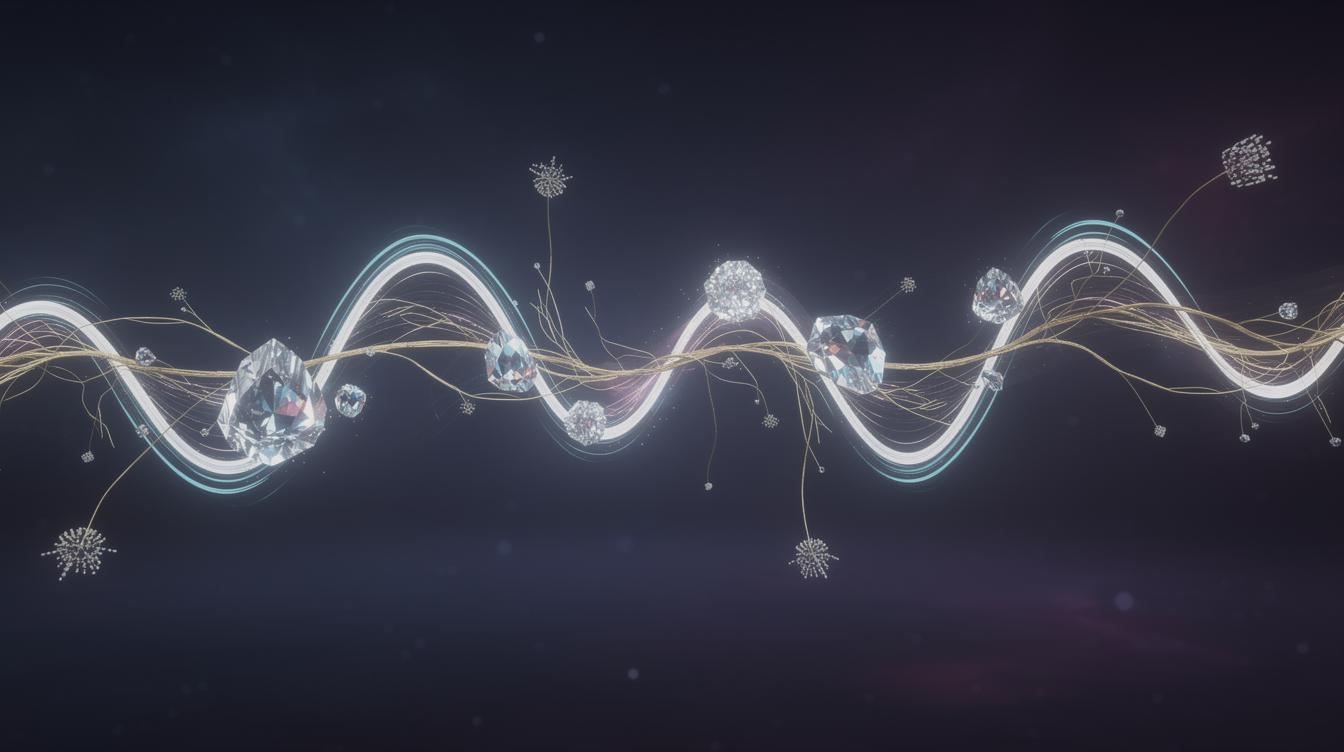 A single luminous beam of light bends into an oscillating sine wave across a dark, abstract landscape of deep blue and violet. At each trough of the wave, a bright crystalline snapshot freezes midair—small glowing gems suspended in space. From just two or three parallel trajectories, faint golden threads branch outward like roots, each ending in a distinct radiant form. The background suggests an infinite, unexplored field of dim stars and hazy nebulae. The mood is exploratory, elegant, and computational—motion captured in stillness, diversity born from a single path. Soft gradients, refractive highlights, and a sense of depth without any labels or arrows.