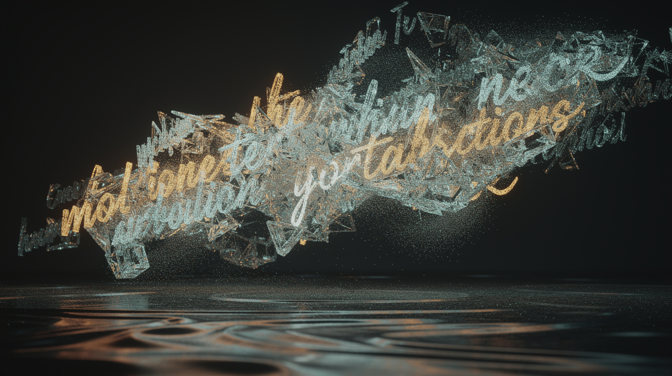 A luminous, abstract sculpture of flowing text—fragments of script glowing amber and cyan—suspended in a dark void. The letters shift and morph, sharpening into crystalline edges, as if refined by invisible forces. Soft, ethereal light pulses through the forms, casting shadows that ripple like liquid. The texture is a blend of smooth glass and granular sand, suggesting both precision and organic evolution. No diagrams, no labels—pure metaphor of iterative optimization and measurable clarity.